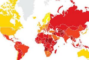 Overzicht van landen op basis van corruptiescore (geel = schoon, rood = corrupt)