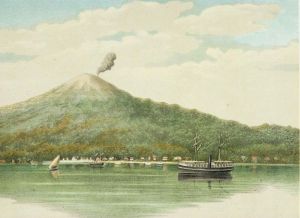 Het uitzicht op Ternate, een tekening uit ongeveer 1885.