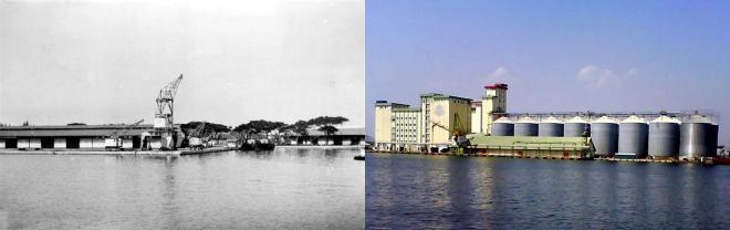 Links: Havenkranen aan de Prouwenhaven van Semarang in 1936 (foto: Tropenmuseum). Rechts: Kunstmestsilo's op min of meer dezelfde plaats in 2011 (foto: Syaiful Amri).