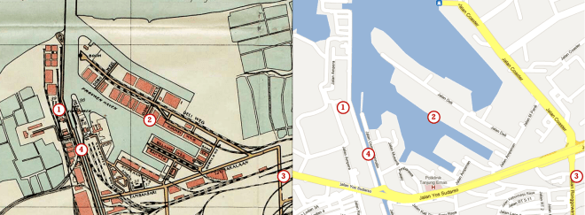 De haven van Semarang op twee kaarten (op dezelfde schaal). De linker kaart is