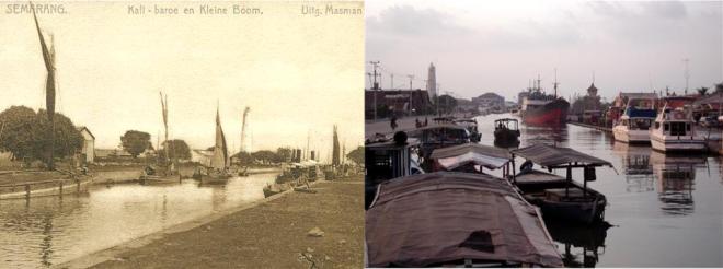 Links: De Kali Baroe op een ansichtkaart rond het jaar 1900 (foto: Koninklijk Instituut voor Taal-, Land- en Volkenkunde). Rechts hetzelfde kanaal vanaf de andere kant gezien, ruim een eeuw later.