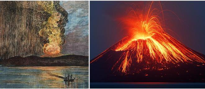 Een schilderij van de uitbarsting van de Krakatau in 1883 en een foto van activiteit van de Anak Krakatau in 2009. 