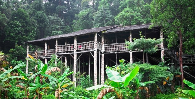 De oorspronkelijke bewoners van Borneo zijn de Dajaks. Het 'langhuis', zoals op de foto te zien is, is de typische bouwstijl voor de huizen van deze bevolkingsgroep. Gewoonlijk zijn deze huizen op palen gebouwd en van binnen verdeeld over openbare en privégedeelten. De bouw van de langhuizen is voor optimale aanpassing aan het leven in het oerwoud.
