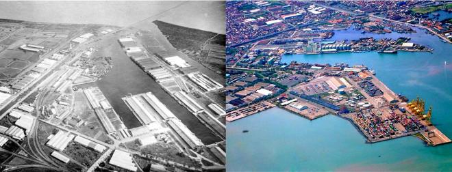 Een oude en nieuwe luchtfoto van de haven van Semarang, uit twee verschillende hoeken.