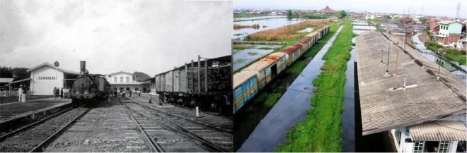 Het station Tambaksari in gebruik in de koloniale tijd, en dezelfde locatie in verlaten toestand nu.