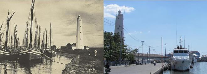 Links: Het havenkanaal met zeilboten en de vuurtoren, begin 20e eeuw (foto: Tropenmuseum). Rechts: Dezelfde vuurtoren een eeuw later.