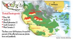 Locaties van de grootste bosbranden, waarvan de rook richting Singapore en Maleisië waait.