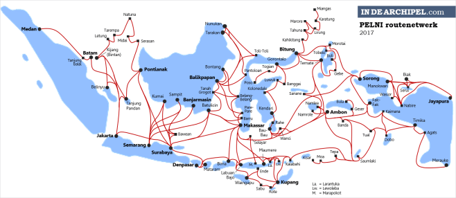 Routes van de PELNI-schepen: o.a. Jakarta-Batam-Tanjung Balai-Medan, Makassar-Baubau-Sorong-Manokwari-Jayapura en Ambon-Banda-Tual-Saumlaki.
